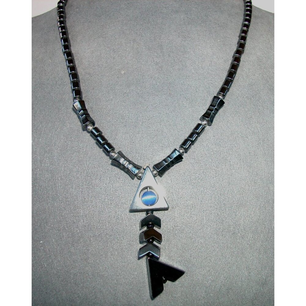 Hematite Necklace 16" With 2" Geometric Pendant Featuring Blue Accent Bead